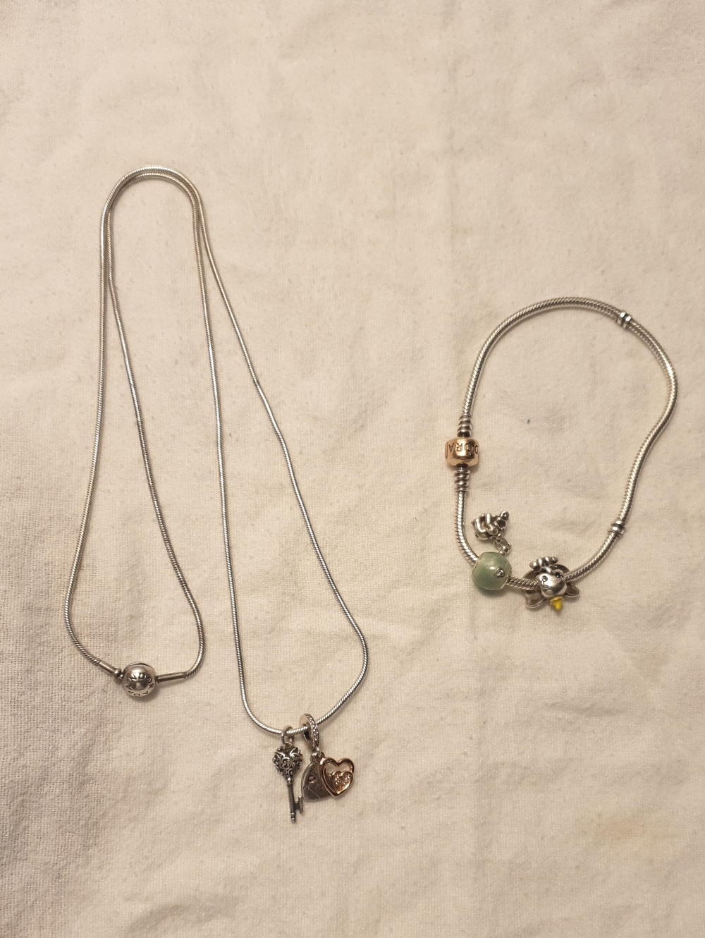 Pandora Silver Heart & Key Pendant Necklace and Silver Charm Bracelet - Silver